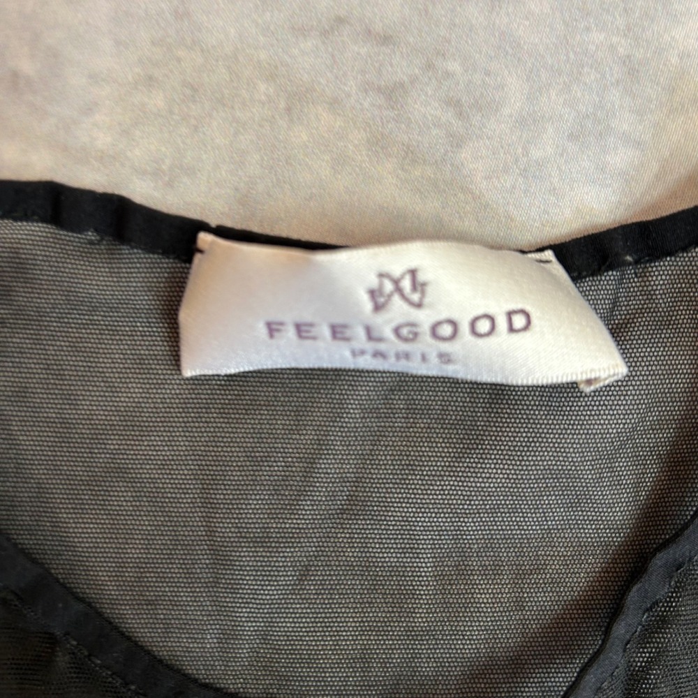 Feelgood Paris Black Mesh Long Sleeve Bodysuit Sheer Panel Notched Neckline M/L - Picture 4 of 11